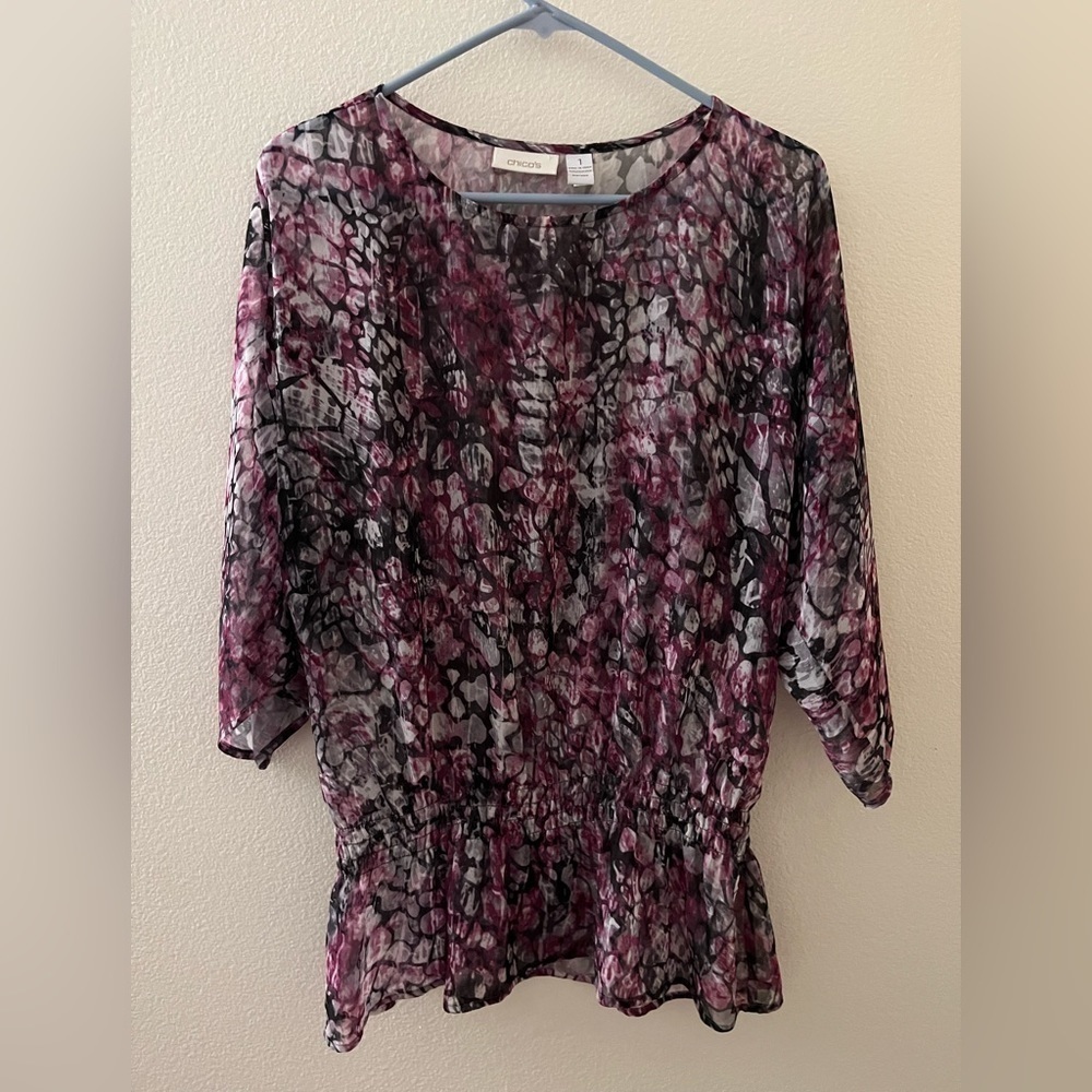 Chico’s  Sheer Scoop Neck Elastic Waist 3/4 sleeve Blouse Medium 8 Chico’s 1